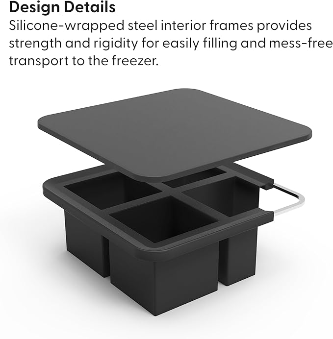 W&P Peak Silicone Extra Large Cube Ice Tray w/ Protective Lid | Charcoal | Easy to Remove Ice Cubes | Food Grade Premium Silicone | Dishwasher Safe, BPA Free