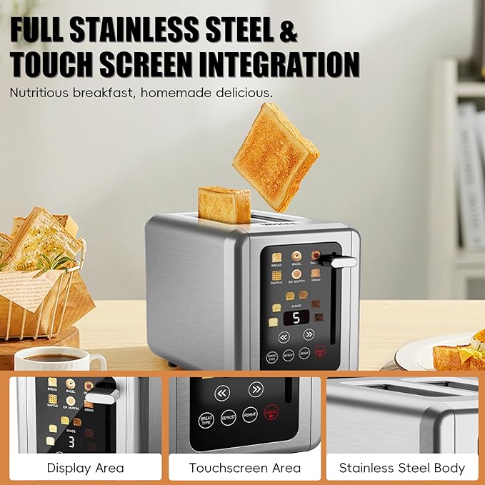 WHALL Touch Screen Toaster 2 Slice,Stainless Steel Digital Timer Toasters,6 Bread Types & 6 Shade Settings,Smart Extra Wide Slots Toaster With Bagel,Cancel,Defrost Functions