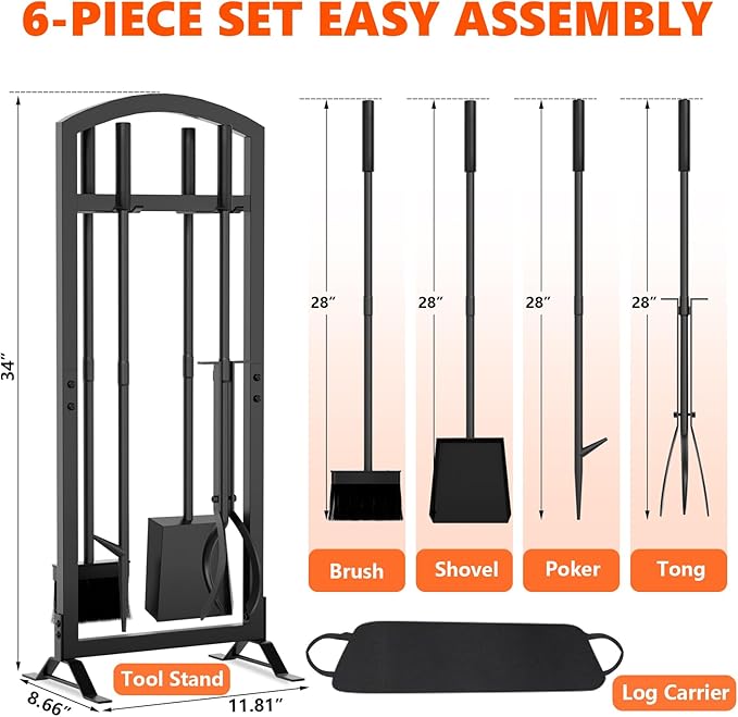 6 Pcs Fireplace Tools Set with Log Carrier, HXJLJY 34" Fireplace Accessories Sturdy Fire Tool Set Holder with Fire Poker Brush Shovel Tong Stand for Indoor Fireplace Outdoor Fire Pit Wood Stove, Arch