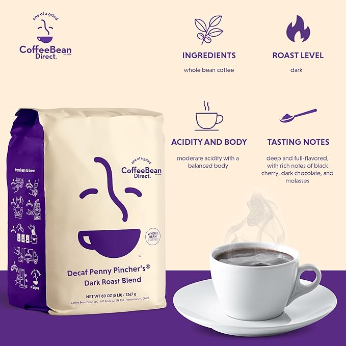 Coffee Bean Direct Decaf Penny Pincher's® Dark Roast Blend, Whole Bean Coffee, Dark Roast, 5 Pound Bag (Pack of 1)