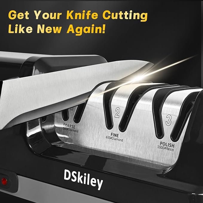 Professional 3-stage Electric Knife Sharpener for Kitchen Knives, with 100% Diamond Abrasive 20° Precision Angle Guide, Quickly Sharpening, Repairing/Restoring/Polish Blades (Black)