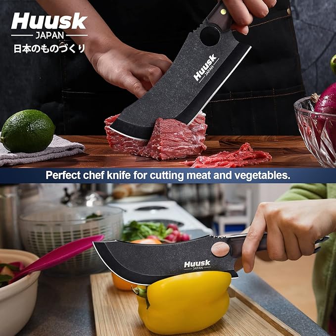 Huusk Hand Forged Meat Cleaver - Japanese Cooking Black Butcher Knife for Meat Cutting, Full Tang Cleaver Knife for Kitchen, Camping Thanksgiving Christmas Gifts
