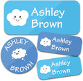 Personalized Daycare Name Labels for Kids (130 Labels) - Custom Waterproof Name Stickers for Clothing Tags, Water Bottles, Lunch Boxes and School Supplies (Clouds)