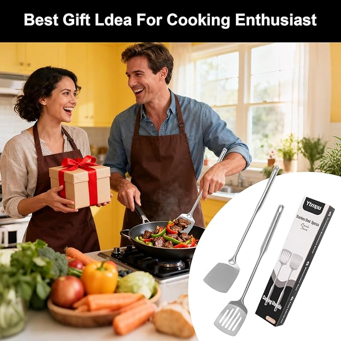 2 Pcs stainless steel spatula set,Heat Resistant metal spatula for cooking, kitchen utensils set Include Solid & Slotted Turner,Ergonomic Handle, Easy to Clean