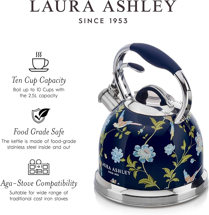 VQ Laura Ashley Elveden Navy 2.5L Stainless Steel Tea Kettle Stovetop Whistling Teapot for Induction, Gas Hob or others. Silicon Coated Cool Handle & Push Button Mechanism Vintage Stove Top Kettle