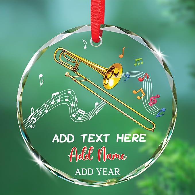 Custom Text & Name Trombone Instrument Player Glass Ornament, Trombone Christmas Ornament Gift for Instrumentalist, Personalized Trombonist Xmas Glass Ornaments, Musical Instrument Christmas Keepsake