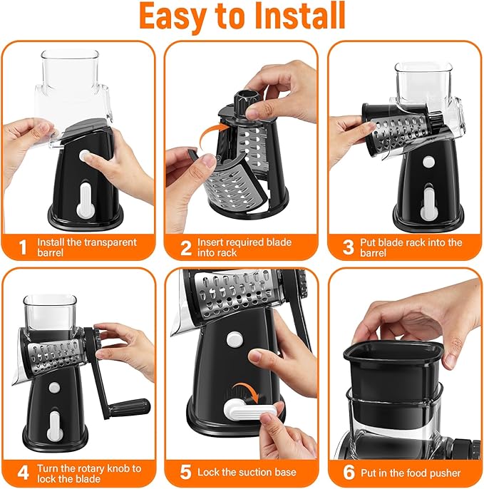 Rotary Cheese Grater Hand Crank with 5 Interchangeable Blades, Vegetable Chopper Spiralizer Slicer for Fruit Vegetable Nuts, Mandoline Slicer for Kitchen with Blades Rack & Suction Base, Black