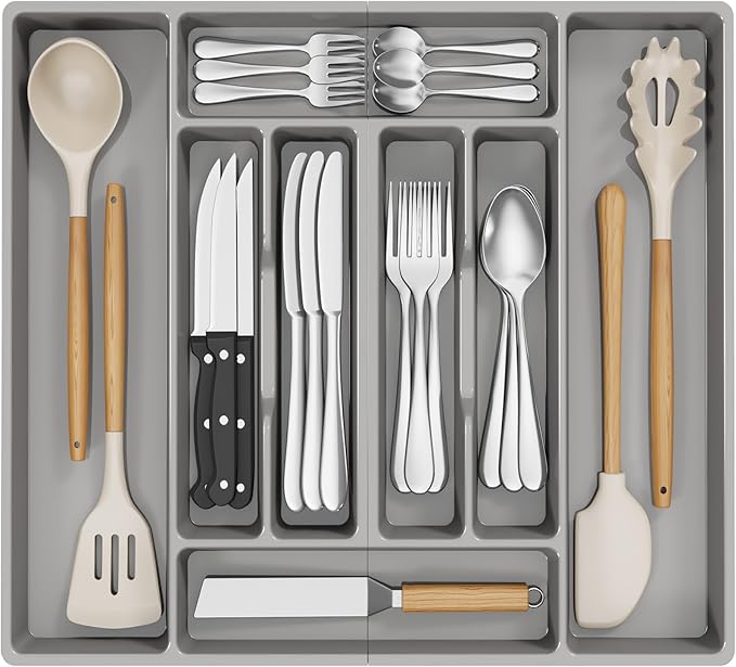 Lifewit Silverware Organizer, Plastic Kitchen Utensil Drawer Tray, Cutlery Flatware Storage Holder for Spoons Forks Knives, 20 x 16 Inches, 8 Compartment, Gray