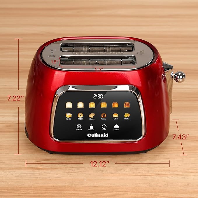 Toaster 2 Slice Smart Touch Screen, Retro 1.5'' Extra Wide Slot Stainless Steel Digital Bread Toaster with Memory Function, Bagel, Defrost, 6 Browning Levels and Removable Crumb Tray, Red