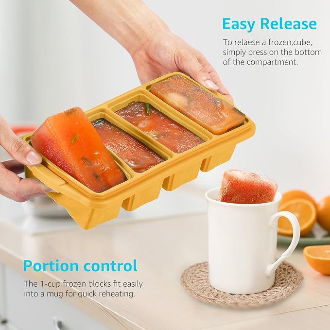 Silicone Freezer Tray With Lid - Silicone Freezer Food Molds- Large Ice Cube Tray,Silicone Freezer Container,Freeze & Store Soup, Sauce, Broth,Leftovers - Makes 4 Perfect 1 Cup