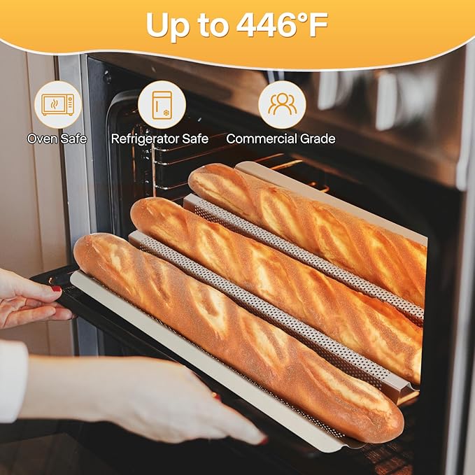 Baguette Bread Pan, Perforated French Bread Pans 15x11 Inch Nonstick, 3 Waves Loaf Tin for Homemade Sourdough Baguettes Baking, Oven Safe, 2 Pack, Gold