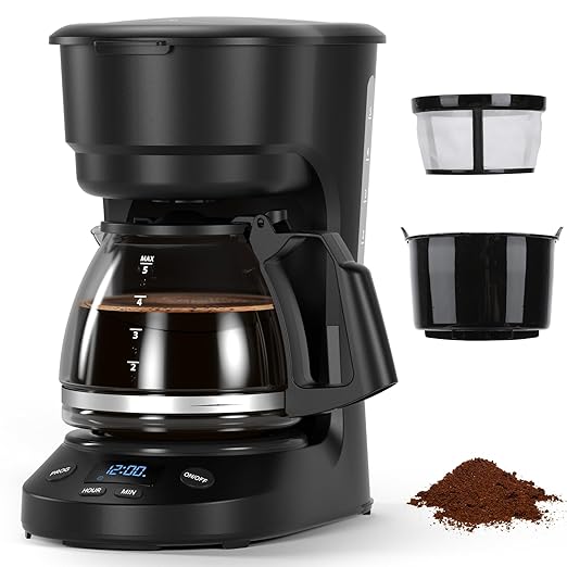 5-Cup Programmable Drip Coffee Maker, a compact coffee machine with a digital clock and 24-hour programmable timer, featuring Auto Shut-Off, and a Removable Filter Basket for Home & Office.