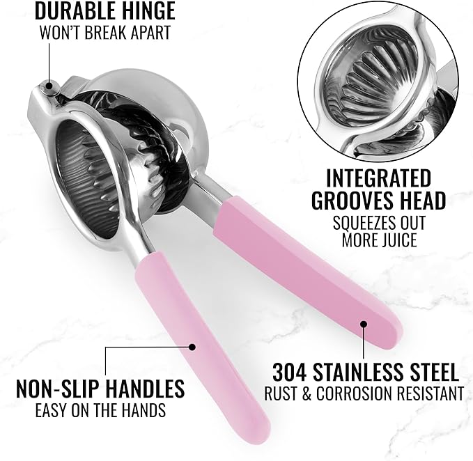 Zulay Kitchen Lemon Squeezer Stainless Steel with Premium Heavy Duty Solid Metal Squeezer Bowl and Food Grade Silicone Handles - Large Manual Citrus Press Juicer and SS Lime Squeezer (Pink)