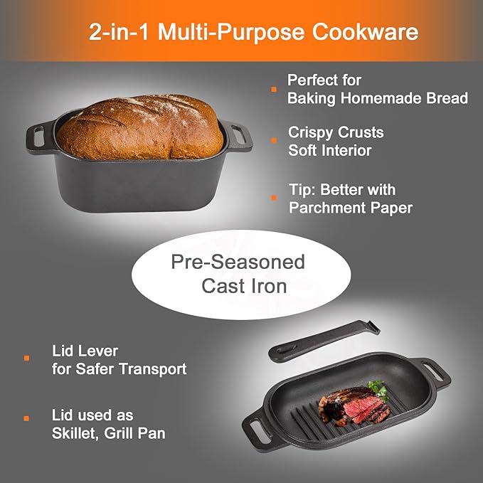 2-in-1 Pre-Seasoned Cast Iron Dutch Oven Pot with Lid as Skillet, Grill Pan, with Lid Lever, Dual Loop Handles, Oval Heavy Dutch Oven for Bread Baking, Frying, Camping, BBQ, 3.8 QT Black