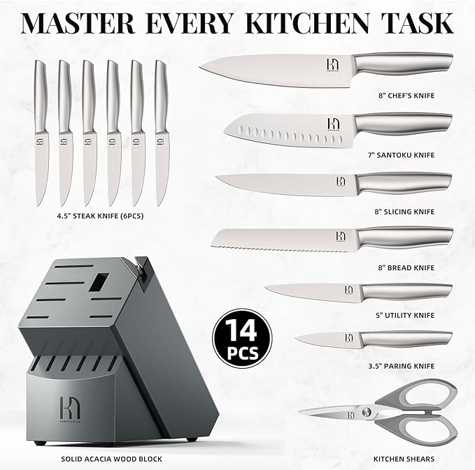 Knife Set, 14 Pcs Premium Japanese High Carbon Stainless Steel Kitchen Knife Set, Razor Sharp Knife Block Set with Built-in Sharpener, Quality Acacia Wood Block Knife Sets Ergonomic Handle