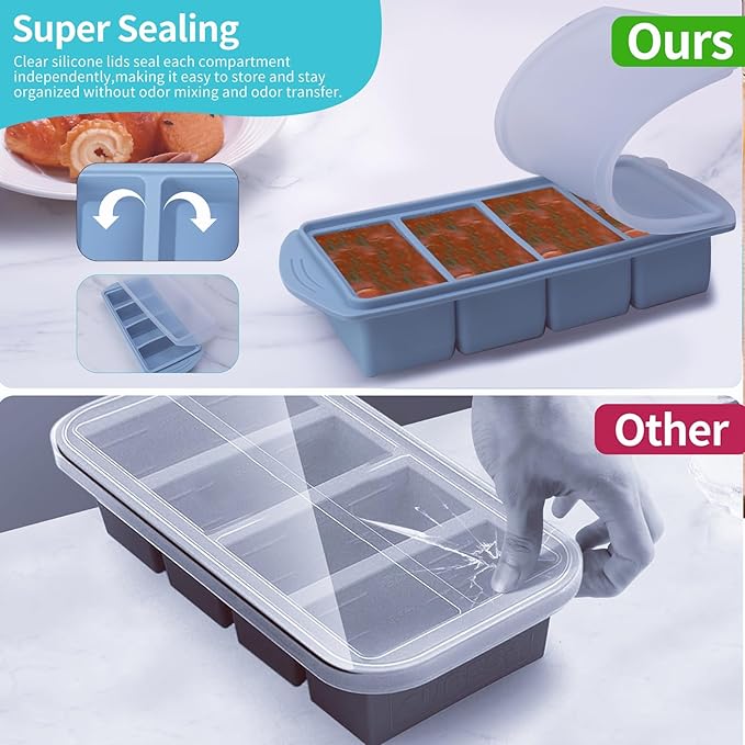Silicone Freezer Molds Gift Set with 2 Tbsp, 1/2, 1, and 2 Cup Silicone Freezer Trays With Lids - Meal Prep and Kitchen Essentials Bundle (Blue 8 Pack)