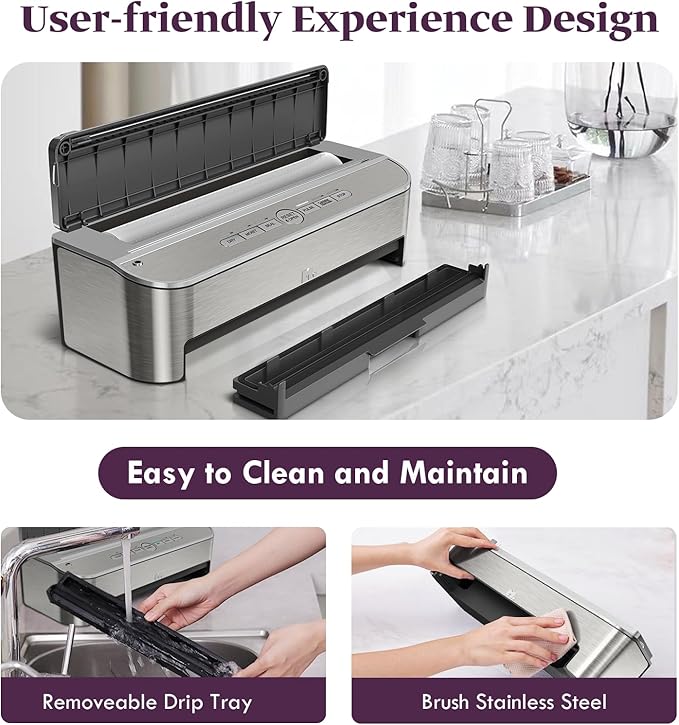 Mesliese Vacuum Sealer Machine, 85kPa 120W Automatic Food Sealer, Powerful Sealing System, Build-in Cutter | Bags Storage | Moist Mode and Air Suction Hose (Silver)