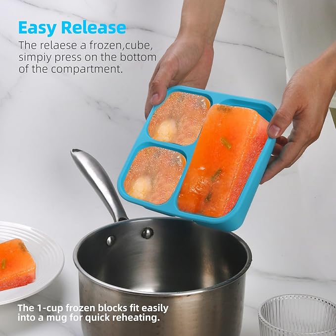 BPA-Free Silicone Freezer Molds, Leak Proof Stackable,1/2-Cup and 1-Cup Portion Control Soup Cubes Freezer Tray with Lids for Meal Prep, Broth, Stews, Leftovers(Blue 2 Pack)