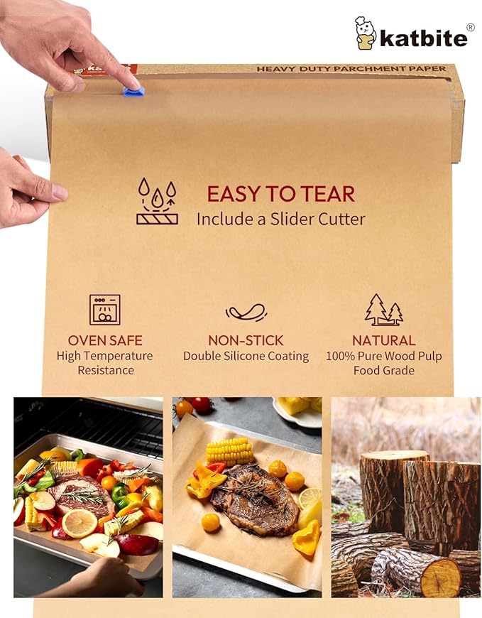 Katbite Unbleached Parchment Paper for Baking, 15 in x 210 ft, 260 Sq.Ft, Heavy Duty Baking Paper with Slide Cutter, Non-stick Brown Parchment Paper Roll for Cooking, Air Fryer, Steaming, Baking Bread