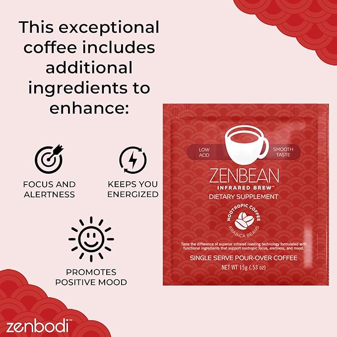 Zenbean Infrared Coffee Brew - 10 Servings Per Travel Pack, Single-Serve Pour-Over, Nootropic with Rhodiola Rosea, Adaptogen for Improved Focus and Energy