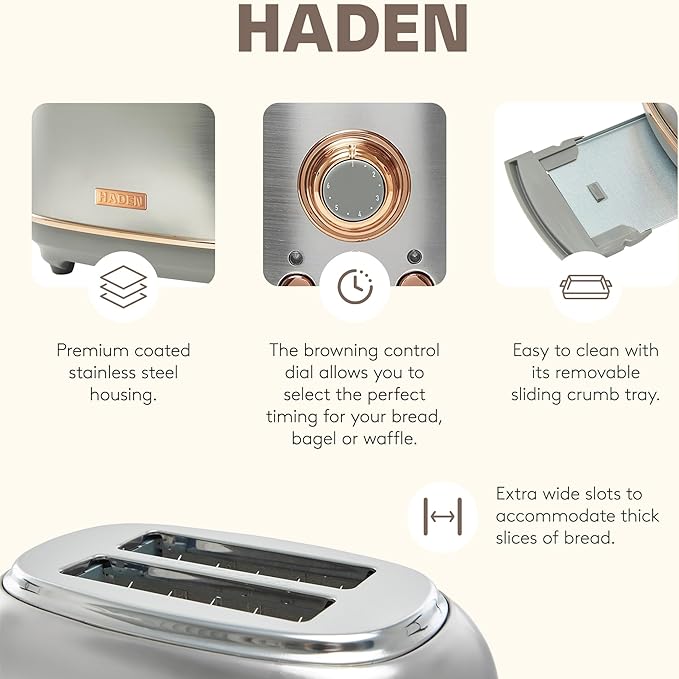 HADEN Heritage 12 Cup Programmable Retro Coffee Maker Machine Bundled with 2 Slice Wide Slot Toaster with Removable Crumb Tray, Steel/Copper