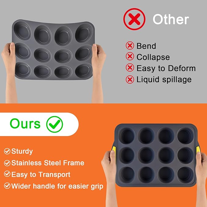 Silicone Muffin Pan for Baking with Metal Reinforced Frame，Foldable Cupcake Pan 12 Cups for Baking Homemade Muffins,Nonstick Cupcake Baking Pan Molds for Oven Dishwasher Safe With Brush and scraper