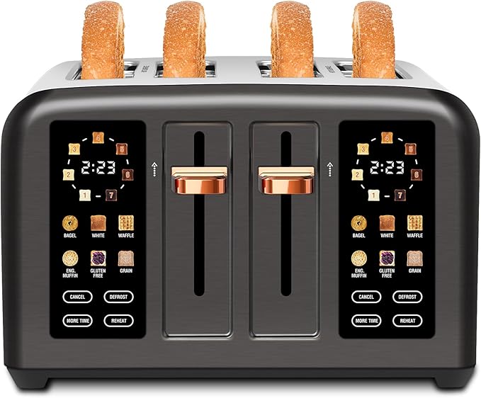 SEEDEEM Toaster 4 Slice, Stainless Steel, Touch Screen for Dual Control, Digital Timer, Smart Toaster with 6 Bread Type, 7 Shade Setting, 1.5''Wide Slot, Removable Crumb Tray, 1800W, Dark Metallic