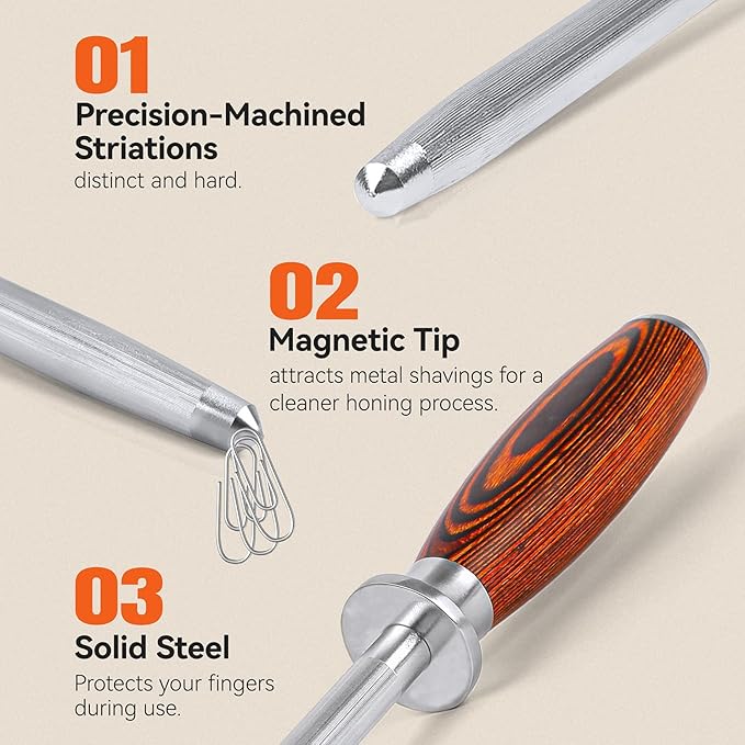 TUO Honing Rod, Sharpening Steel with Larger Diameter for Kitchen Knife Daily Sharpening Maintenance, High Carbon Steel Knife Sharpener Rod, Ergonomic Handle, 8 inch