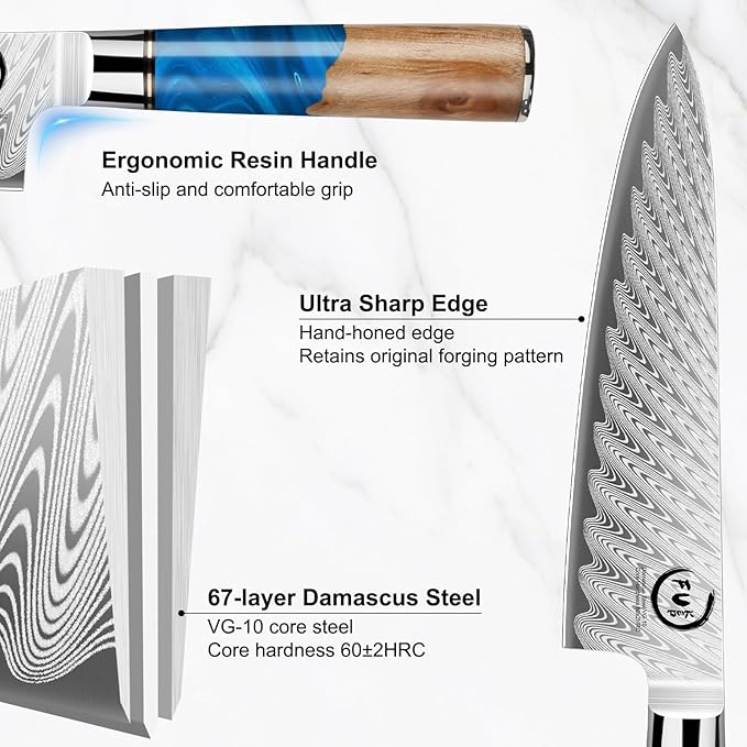 5 Piece Damascus Knife Set, Professional Japanese Knife Set with Japanese VG 10 Steel Core, Blue Resin Handle, Includes Chef, Santoku, Bread, Boning & Paring Damascus Knives in Gift Box