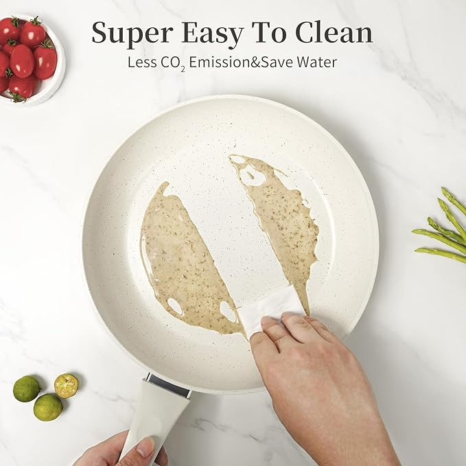 Ceramic Non Stick Frying Pan - 9.5 Inch Ceramic White Non Stick Skillet Frying Pans, Safe&No Toxic Egg Omelette Frying Pan, Nonstick Cookware Cooking Pan, Induction Compatible, PFOA&PFAS Free
