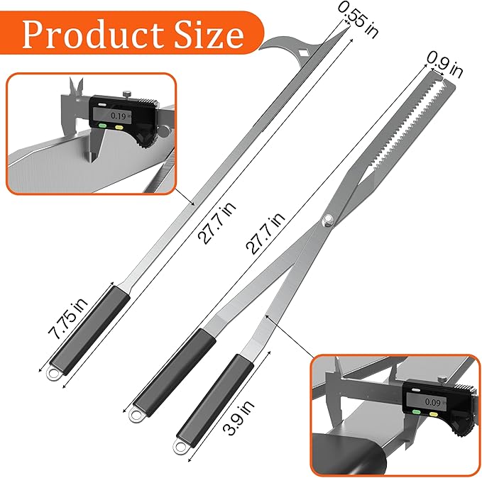 GARVIN Heavy Duty Fire Tongs & Poker Set, 27.7" Long-Handle Carbon Steel Log Grabber with Serrated Grip, Fire Tools Sets For Fire Pit & Fireplace, Wood Stoves, Campfires, Bonfires & BBQ Grills