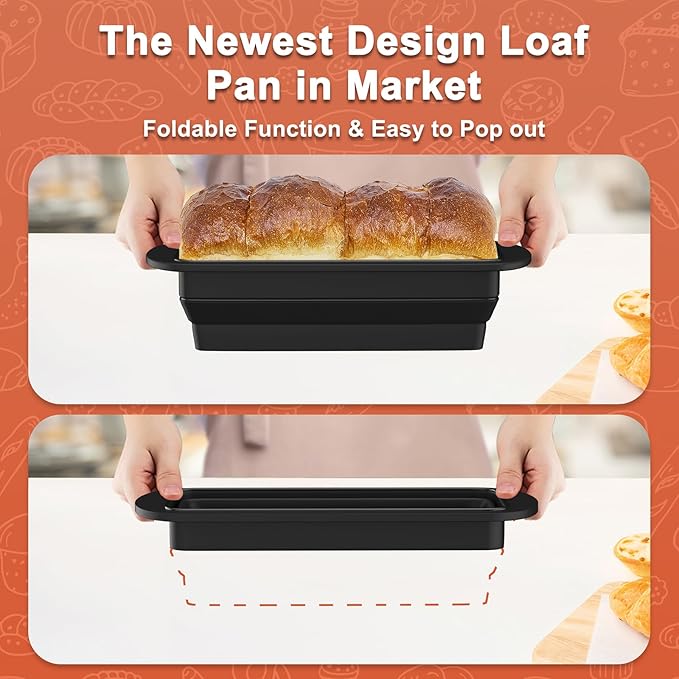 2 Packs of Collapsible Silicone Bread Loaf Pan with Metal Reinforced Rim Support - Nonstick Silicone Baking Mold for Homemade Loaf, Bread and Meatloaf - (9"x4"x2.5", Black, 2 Pieces)