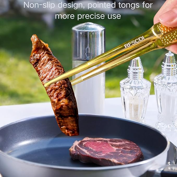 Premium Gold Cooking Tongs - 304 Stainless Steel, Comfortable Grip, Non-Slip Design, High Heat Resistant - Ideal for Home, Kitchen, Barbecue & Frying Steak (golden, 9＋12 Inch)