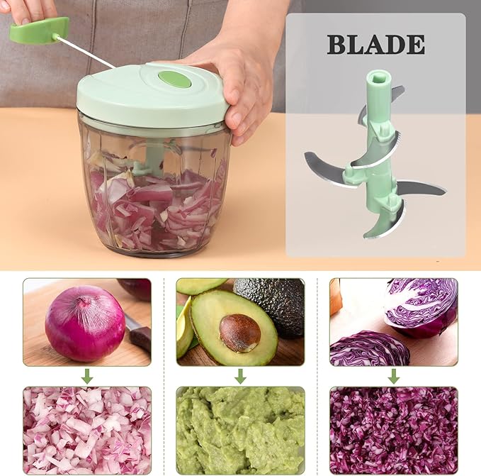 Cambom Manual Food Chopper Vegetable Cutter, Hand String Chopper Onions Cutter for Vegetable Fruits Nuts BPA Free Food Safe Material, 900ml Green