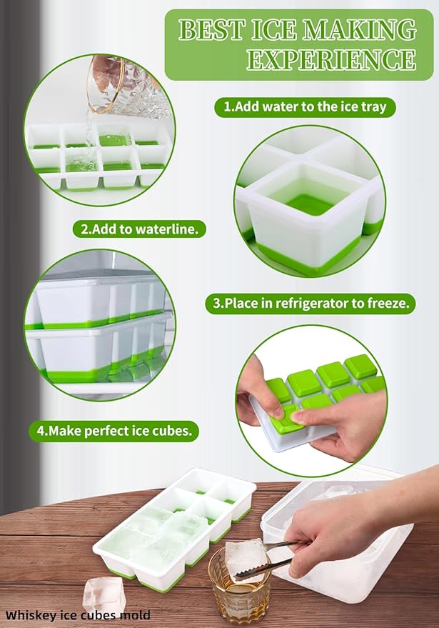 2 INCH Ice Cube Tray with Lid & Bin,Square Large Ice Cube Molds | ice trays for freezer with lid and bin, Silicone Base & Stackable Design, Whiskey Ice Cubes Mold for Coffe,Cocktail,Whiskey