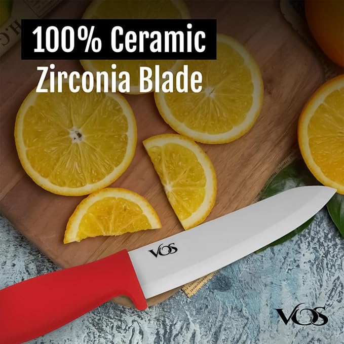 Vos Ceramic Knife Set with Peeler, Ceramic Knives Set For Kitchen, Ultra Sharp Kitchen Knife Set with Covers, 3" 4" 6" Paring, Utility & Chef Knife, Ultra Sharp, Lightweight, Dishwasher safe (Red)