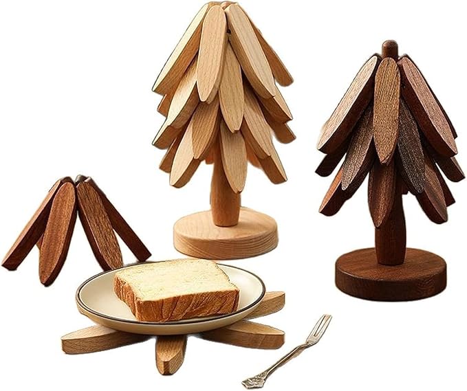 Natural Wood Tree Trivet Set, 𝐍atural Tree Trivet Set - 4 Wooden Trivets,4 Wooden 𝐓rivets & 1 Stand Like a Christmas Trees,for Hot Dish,Pot,Bowl,Teapot,Hot Pot Sets (Walnut Finish 4 Trivets,3set)