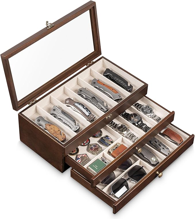 Knives Display Box, 3-Layer Pocket Knives Box Display & Storage Knives, Solid Wood Knives Box for Collections, Gift for Boyfriend Fathers Day Birthday Gifts(Walnut)