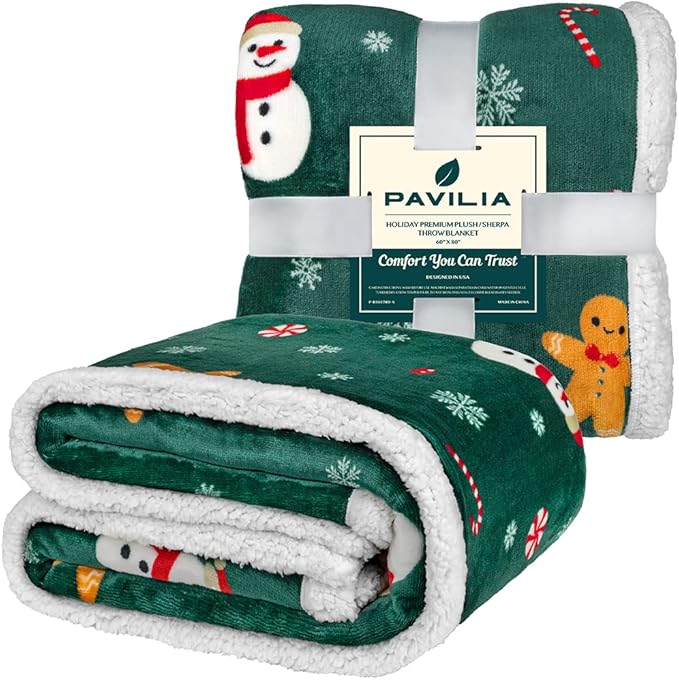 PAVILIA Premium Christmas Sherpa Throw Blanket | Christmas Decoration Gift, Fleece, Plush, Warm, Cozy Reversible Microfiber Holiday Blanket | Green Gingerbread - 60x80 Twin