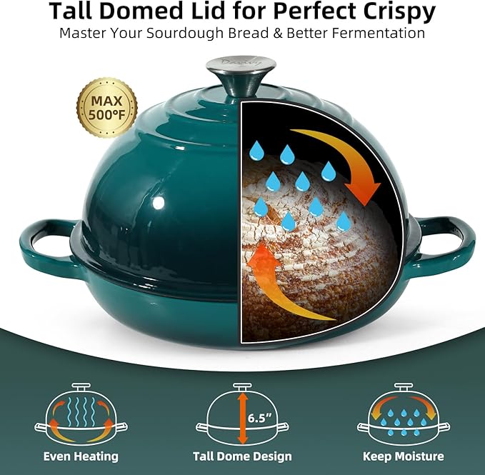 Davivy 5.5QT Enameled Cast Iron Dutch Oven with Lid, Dutch Oven for Sourdough Bread, 10" Round Sourdough Bread Oven, Bread Cloche for Bread Baking, with Silicone Baking Mat - Gradient Teal