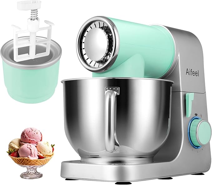 Aifeel Stand Mixer, 6.5QT Mixer with Ice Cream Maker Attachments, Kitchen Electric Mixer Multifunctional Bread Dough Mixer with Dough Hook,Whisk & Beater, Food Mixer for Baking (Green-Silver)