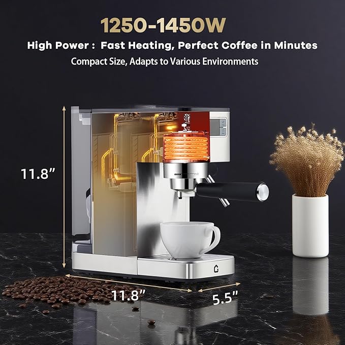 Garvee Compact 20 Bar Espresso Machine–Stainless Steel, Steam Milk Frother, Removable Tank for Cappuccino/Latte,(Silver)