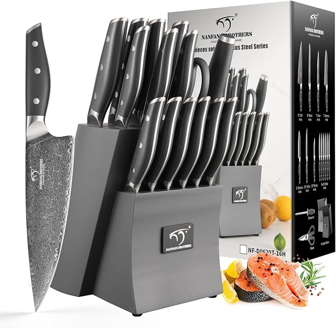 NF NANFANG BROTHERS Damascus Kitchen Knife Set, 16-Piece with Block, ABS Ergonomic Handle, Carving Fork, Disconnect-type Knife Block (Gray)