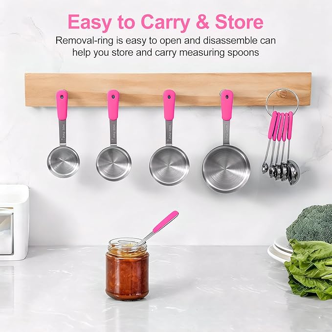 Measuring Cups and Spoons Set, Stainless Steel 10 Piece for Cooking and Baking (5 Cups + 5 Spoons, Pink Handle)