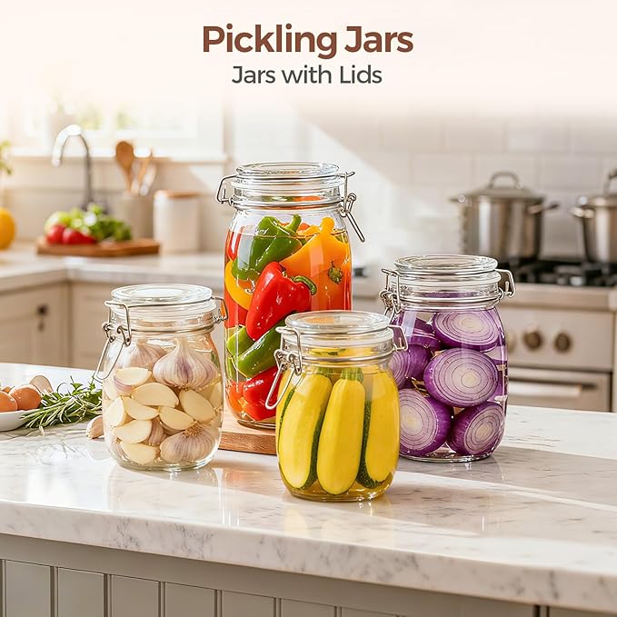 ComSaf Airtight Glass Jars with Lids 78oz Set of 3, Food Storage Canister Square - Storage Container with Clear Preserving Seal Wire Clip Fastening for Kitchen Canning Flour, Cereal, Pasta, Beans