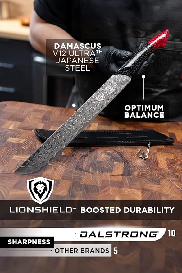 Dalstrong Slicing Knife - 11”- Scorpion Series Meat Slicing Knife Professional- Exclusive Japanese V12 Ultra™ Steel - Black Damascus - Black & Red Honeycomb Resin Handle- Brisket Slicer with Sheath