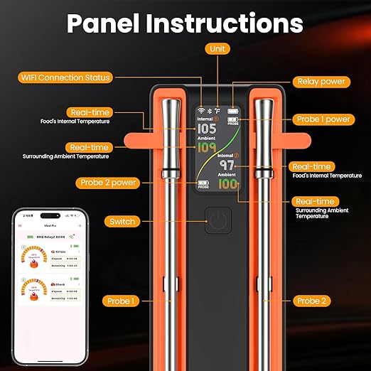 Smart Bluetooth Wireless Meat Thermometer - WiFi Unlimited Range, 6 Sensors with NIST Certified Accuracy, Standalone Base, 2 Probes for Kitchen, BBQ, Grill, Oven, Smoker, Rotisserie