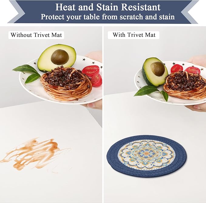 SHACOS 8 Inches Trivets for Hot Dishes, 4 Pieces Cotton and Felt Floral Pattern Trivet Mats for Kitchen, Hot Pads for Countertops and Table, Heat-Resistant Pot Holders for Hot Pots and Pans, Blue