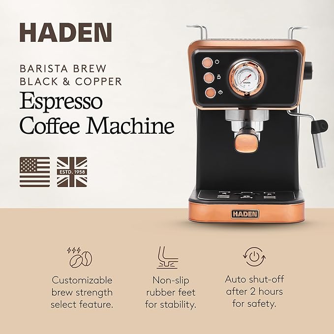 HADEN Barista Brew Espresso Coffee Machine, Stainless Steel Espresso Maker with Milk Frother and Steamer Function and 1.5L Water Tank, Black & Copper