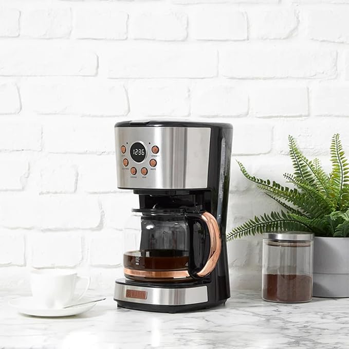 Haden Coffee Machine, 12 Cup Programmable Drip Coffee Maker with Auto Shut-Off Function and Reusable Washable Water Filter, Steel & Copper
